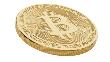 Golden Bitcoin coin isolated PNG, cryptocurrency digital money for investment and finance, decentralized virtual currency on transparent background