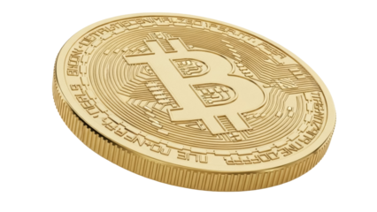 Golden Bitcoin coin isolated PNG, cryptocurrency digital money for investment and finance, decentralized virtual currency on transparent background