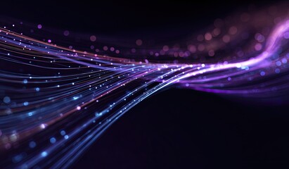 Abstract digital flow of light trails and bokeh particles on dark background