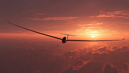 A sleek sailplane glides through dramatic sunset clouds, its silhouette stark