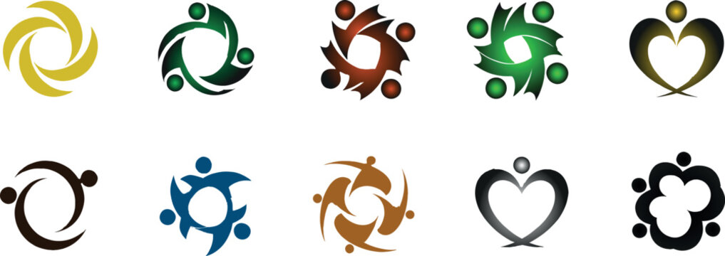 Collection of various colorful people icons and heart symbols in different styles and colors