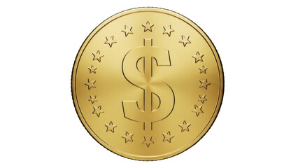 Golden dollar coin PNG isolated on transparent background, currency symbol with stars for finance, investment and business concepts