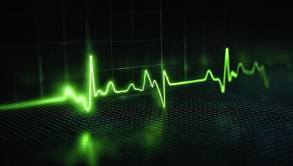 Green illuminated line depicting a heart rhythm, emerging from a textured, dark background