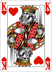 King of Hearts design from a new original deck of playing cards. Four pip left handed version with identifier in all four corners.