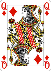 Queen of Diamonds design from a new original deck of playing cards. Four pip left handed version with identifier in all four corners.