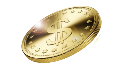 Golden dollar coin PNG isolated on transparent background, currency symbol with stars for finance, investment and business concepts