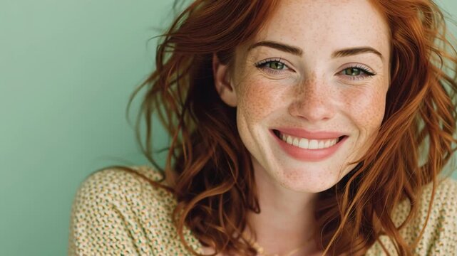 A natural light portrait of a smiling red haired woman with freckles against a soft green background