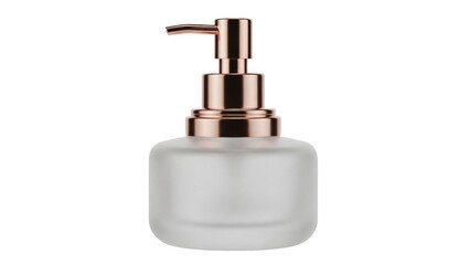 Obraz premium Elegant frosted glass soap dispenser with copper pump isolated PNG, modern bathroom accessory on transparent background