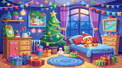Children&rsquo;s bedroom decorated for Christmas with colorful ornaments, stockings, toys, fairy lights, and a cheerful holiday mood