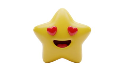 Yellow star emoji with heart eyes isolated PNG, cute cartoon character on transparent background for social media and design