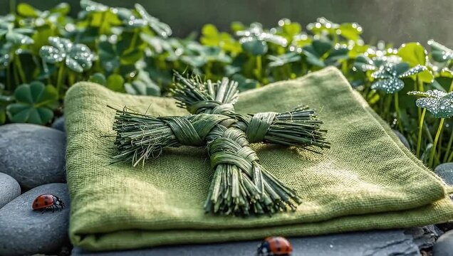 St Brigids Cross and Primroses in a Lush Green Garden.