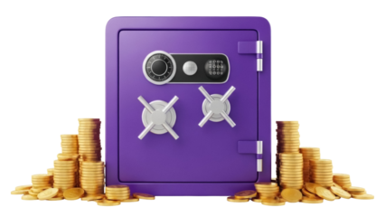 Purple safe with stacks of gold coins PNG isolated on transparent background, security and wealth concept for finance and investment themes