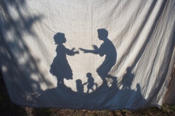 Silhouettes of children dancing and playing in front of a textured fabric screen