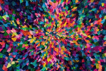 Abstract artwork showcasing an explosion of colorful, geometric shapes radiating from a central point