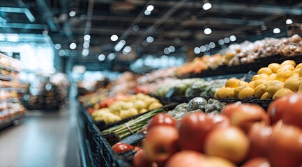 Aisle stocked with produce at a supermarket, shallow focus depth