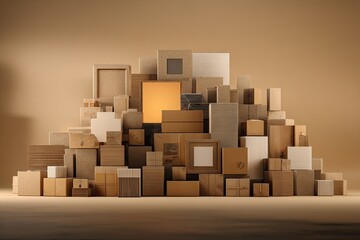 A chaotic pile of various sized brown cardboard boxes, some lit