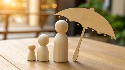 Wooden family figures stand protected under a symbolic umbrella representing insurance security and safeguarding loved ones in the background