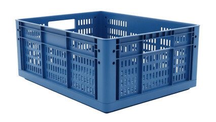 Blue plastic crate isolated PNG on transparent background, storage container for organizing and transporting goods in industrial settings