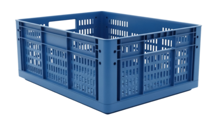 Blue plastic crate isolated PNG on transparent background, storage container for organizing and transporting goods in industrial settings
