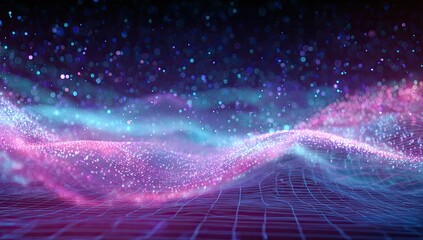 Digital abstract of a neon wavy landscape with scattered particles and grid lines