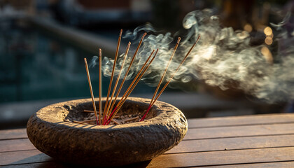 Incense sticks burning in a rustic stone holder on wooden table