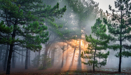 Misty forest with pine trees and sun rays shining through fog