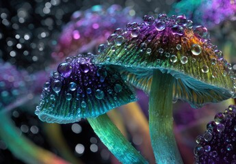Luminous mushrooms gleam with colorful dewdrop-covered caps