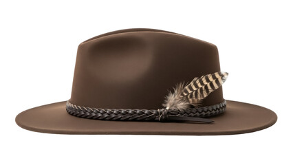Brown fedora hat with feather isolated PNG on transparent background, stylish headwear for fashion and outdoor adventures