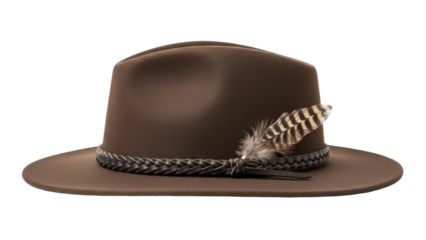 Brown fedora hat with feather isolated PNG on transparent background, stylish headwear for fashion and outdoor adventures