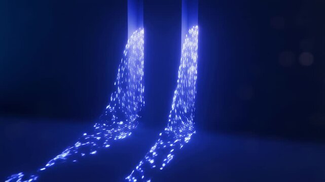 Quantum physics double slit photon stream blue light violet glow interference pattern forming glowing particle flow abstract background futuristic