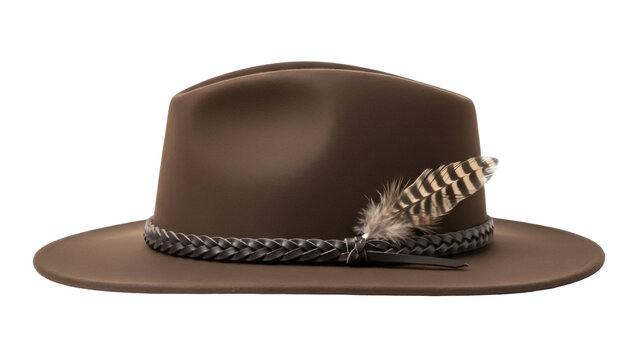 Brown fedora hat with feather isolated PNG on transparent background, stylish headwear for fashion and outdoor adventures