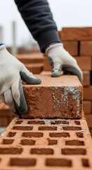 Construction Materials Handling on a Building Site Worker Laying Bricks Industrial Environment Close-up View