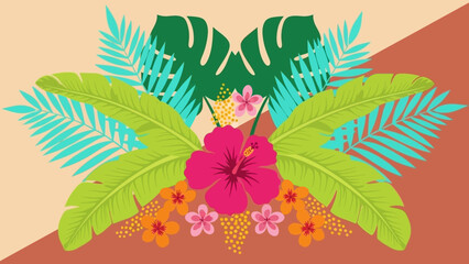 Vibrant Tropical Floral Arrangement with Lush Green Leaves and Exotic Hibiscus Flower © Abhinaya Project