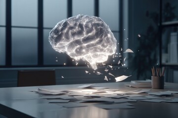 Ethereal glowing brain hologram disintegrates paper on a desk
