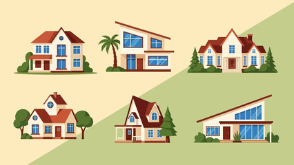 Collection of diverse architectural styles of houses and residential buildings depicted in a colorful illustration