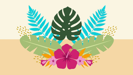 Tropical floral arrangement with vibrant hibiscus and lush green foliage © Abhinaya Project