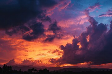 Fiery sunset paints the sky with vibrant oranges and purples, cloud formations add dramatic textures