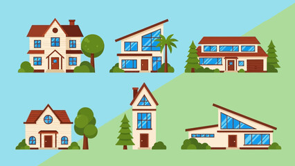 Collection of charming houses with unique architectural designs, surrounded by trees and lush greenery, offering a glimpse into idyllic residential living