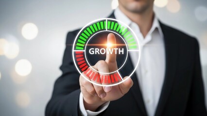 Businessman touching a futuristic digital gauge showing upward trend and positive results on a screen to initiate company growth