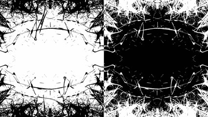 Abstract symmetrical design with a central oval void in black and white, creating a dynamic visual effect