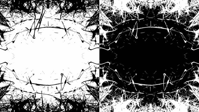 Abstract symmetrical design with a central oval void in black and white, creating a dynamic visual effect