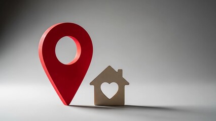 Bright red location pin stands beside a small wooden house icon with a heart cutout symbolizing finding home or real estate location services
