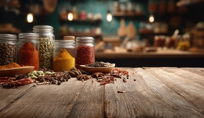 A rustic wooden surface displays an assortment of colorful dried spices and herbs in jars