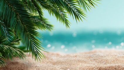 Palm fronds frame soft sand and glittering turquoise ocean under a clear sky
