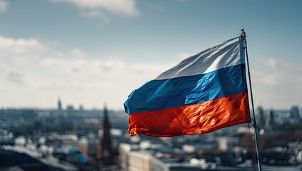Russian flag waves against a blurred city skyline under a bright sky