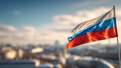 Tricolor national flag waving proudly against a hazy urban skyline