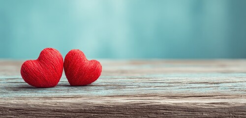 Two red hearts on a rustic wooden surface with a blurred blue background