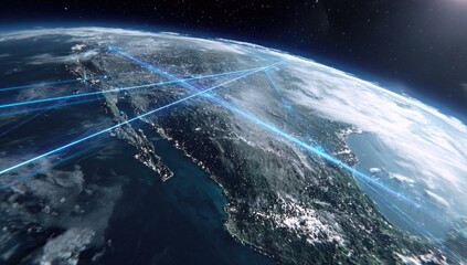 Global connections visualized, spanning continents with glowing digital pathways
