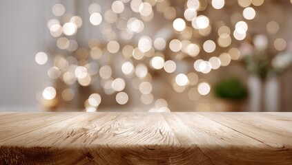 Wooden table surface with soft, blurred bokeh lights in the background