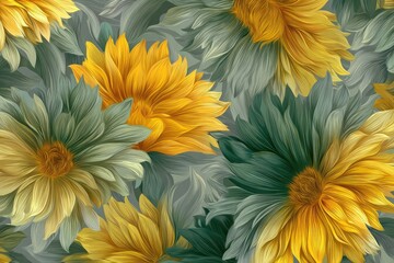 A vibrant, seamless pattern of large, stylized yellow and teal flowers with detailed petals